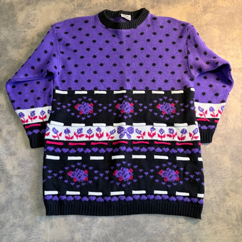 New Addition Sweater Womens L Purple Polka Dot Floral Cottage Core Crew CUT TAGS